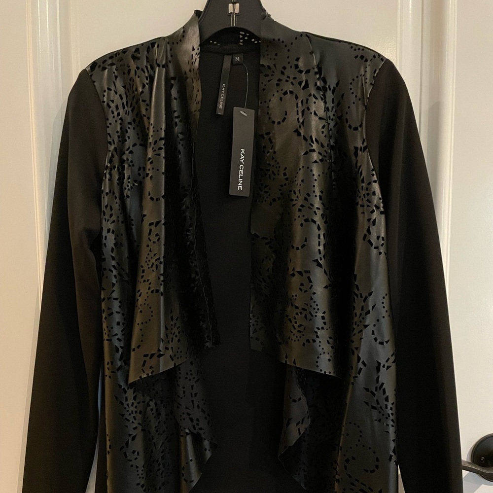 Kay Celine Black Faux Leather Draped Cardigan (Medium)